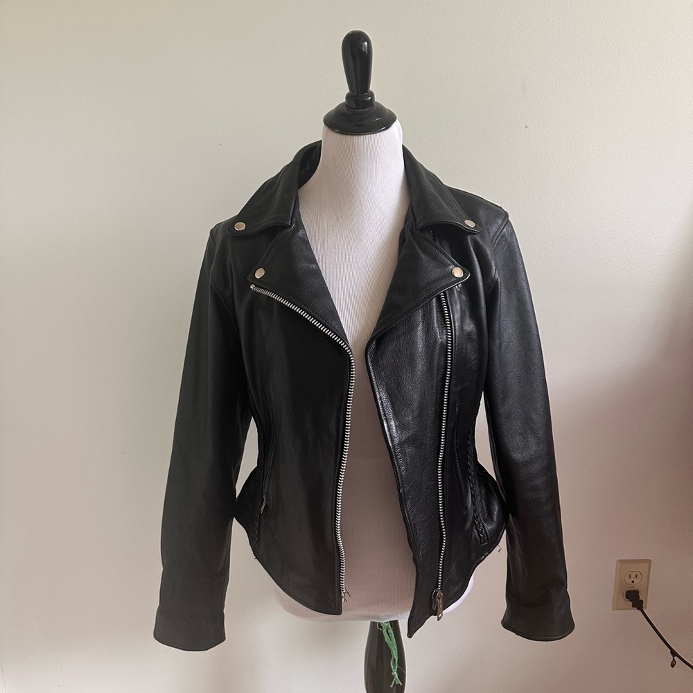 Black leather biker jacket